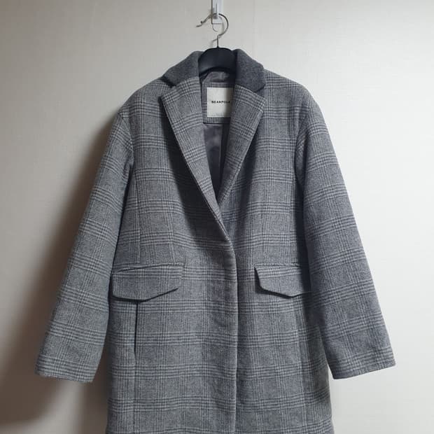 빈폴 여성 울 캐시미어 체크 싱글 코트 그레이 90