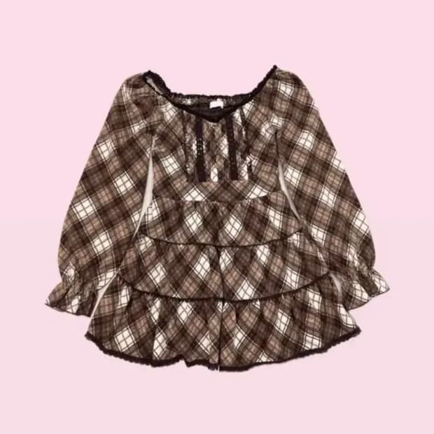 LIZLISA 리즈리사 초코 체크 프릴 튜닉 원피스 짜잔씨