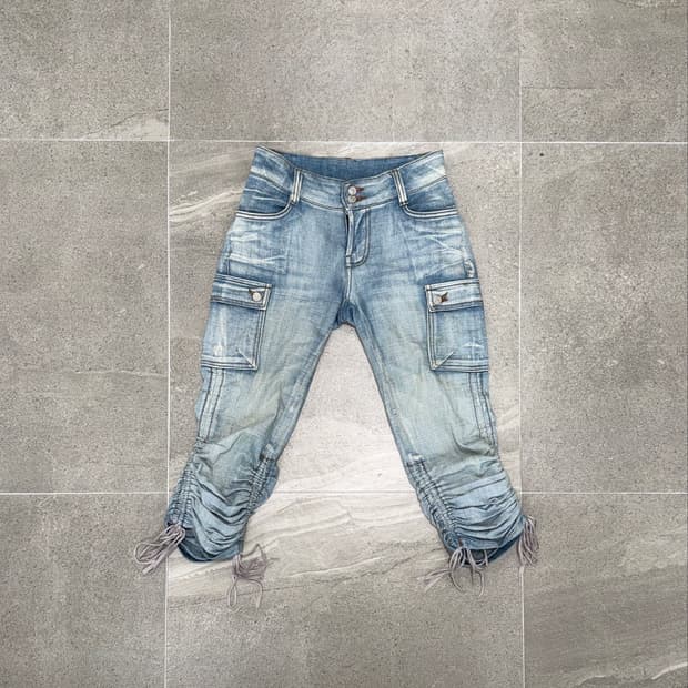 Washing denim shirring capri pants 