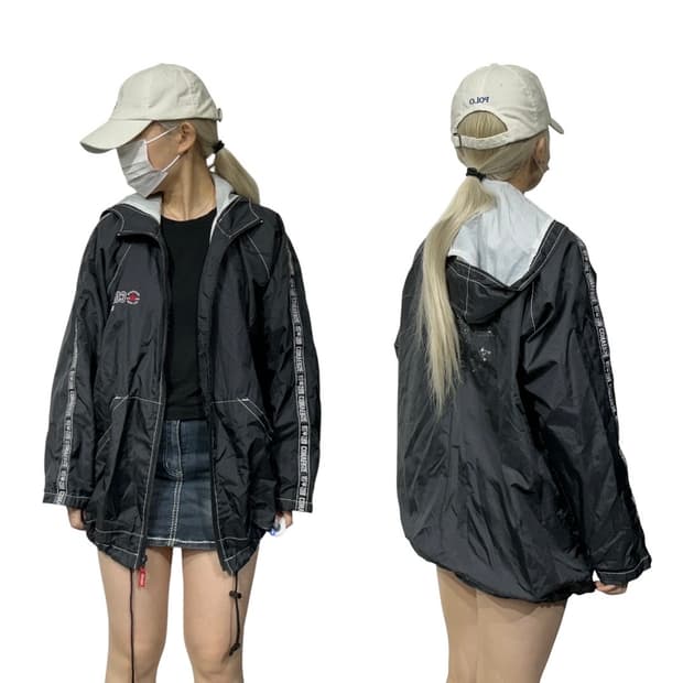 컨버스 블랙 후드 사이드 라인 바람막이 오버핏 트랙 자켓 