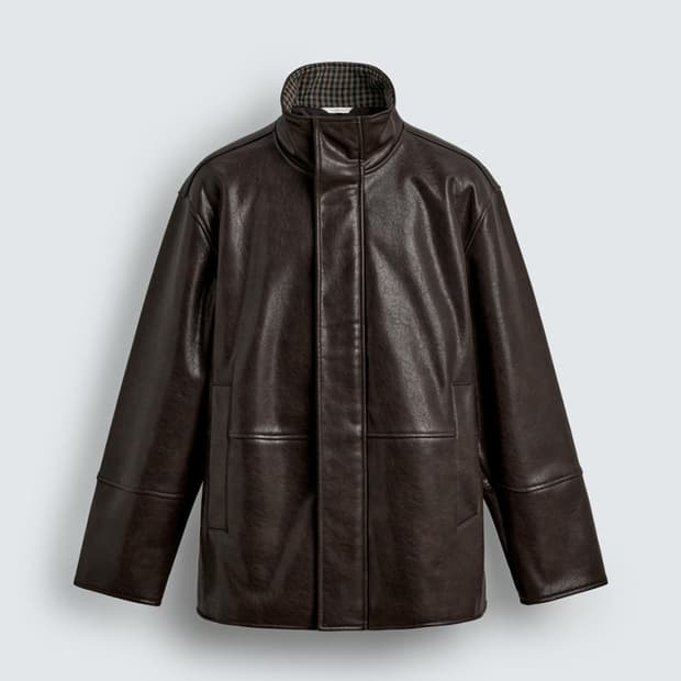 자라 페이크 레더 배색 하이넥 가죽자켓 L