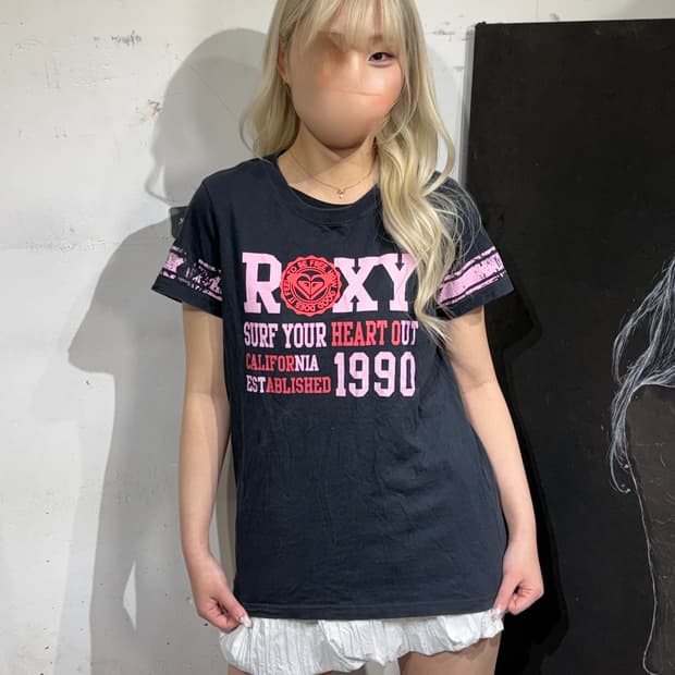 JPN 일본빈티지 Roxy 블랙 핑크 펑크 락 반팔 티셔츠 L