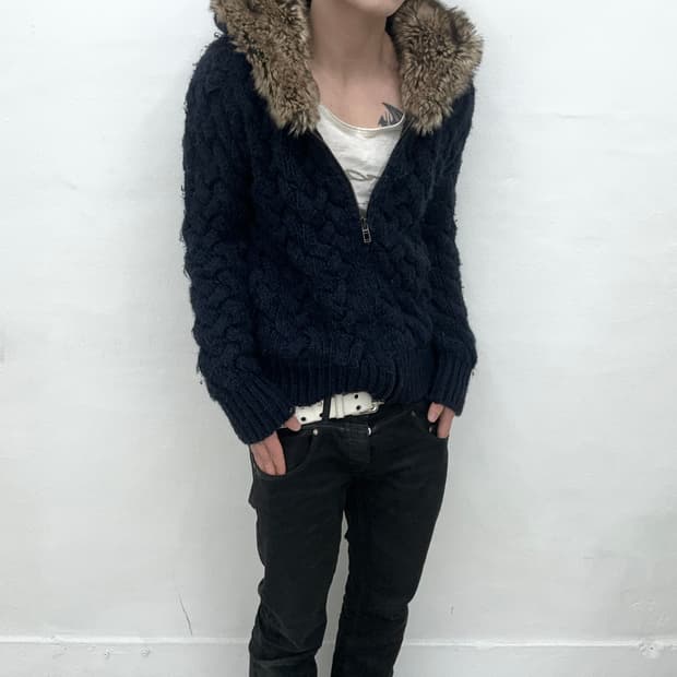 Navy knit fur hood jacket