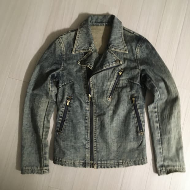 사선 빈티지 워시드 데님 라이더 자켓