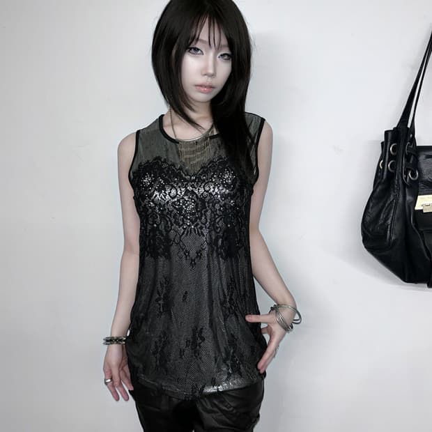 Parienne 실버 자카드 레이스 레이어드 슬리브리스