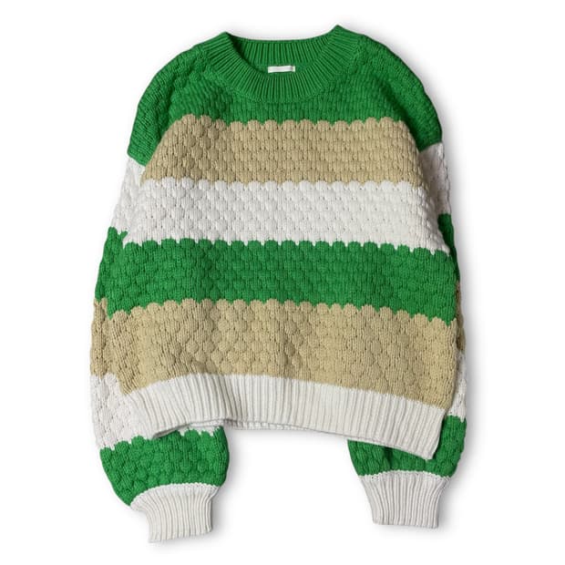 JPN 그린 베이지 화이트 배색 도톰 긴팔 니트 XL