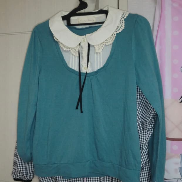 청록색 레이스 카라 니트 블라우스 빈티지 하구미 니혼진 러블리 모리걸