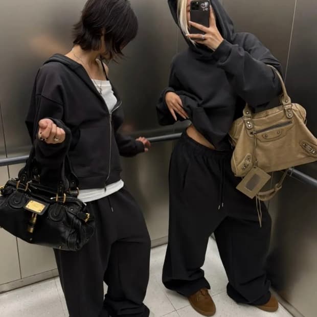 SET 블랙업 비베이직 헤비스웨트 오버핏 후드 +와이드 투웨이 팬츠 블랙