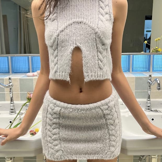 글로니 glowny heart wave knit setup 블루 그레이