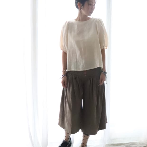 [Crisp] Back Ribbon Puff Linen Blouse