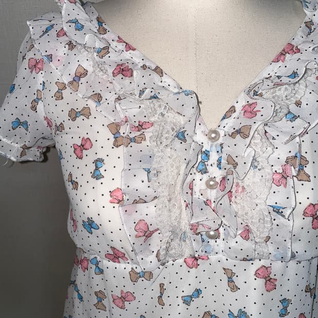 리본 도트 쉬폰 프릴 블라우스