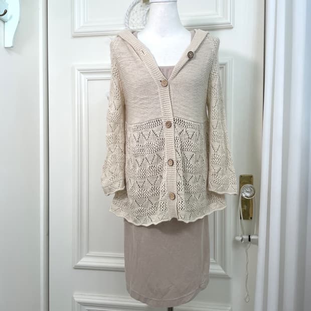 beige crochet mori hoodie cardigan&beige