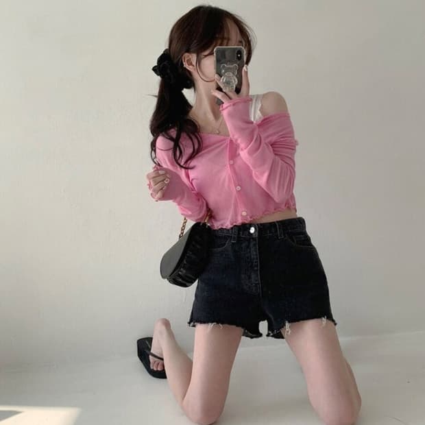 (마지막 가격) 핑크 시스루 가디건