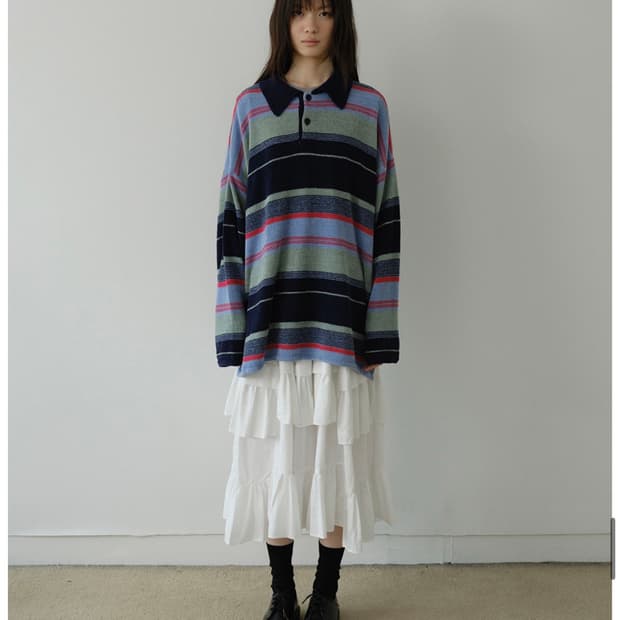 아유서울 멀티 스트라이프 카라 테리 니트