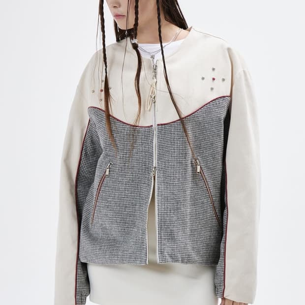 RSSC DENIM & CHECK ROUND NECK JACKET