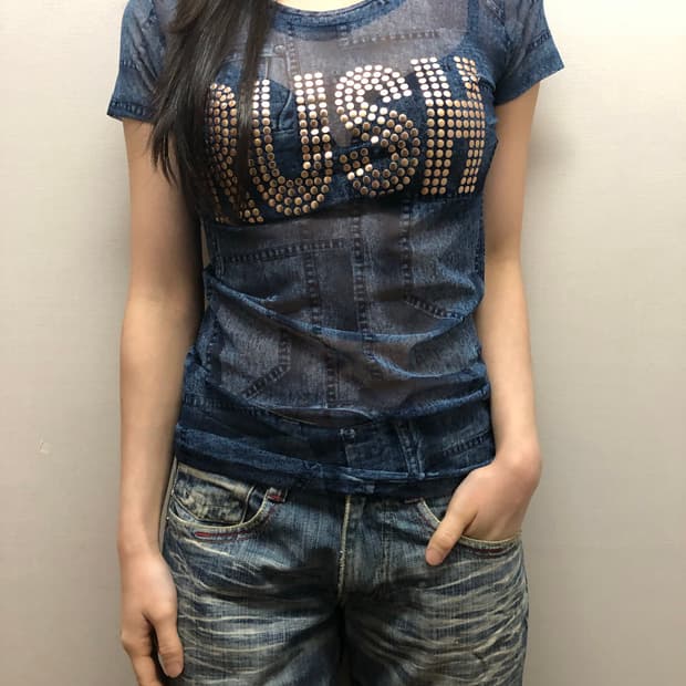 빈티지 데님 프린팅 스터드 탑