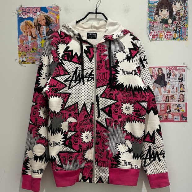 00s Stussy Pink News Paper Hooded Zip-Up