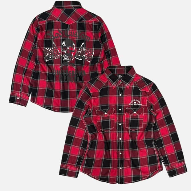 skull printing western check shirt