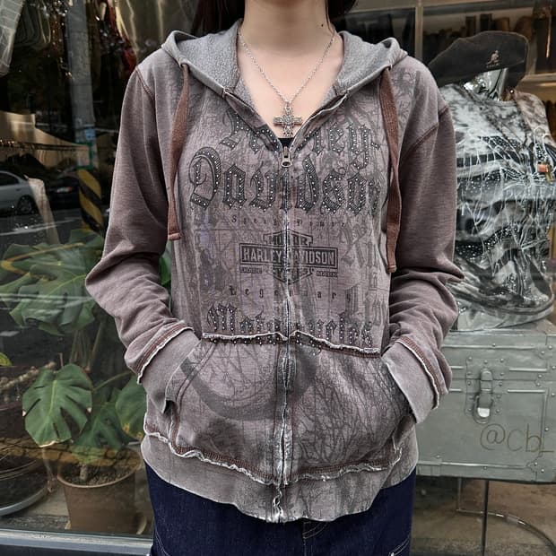 2000s 할리데이비슨 브라운 그래픽 후드 집업