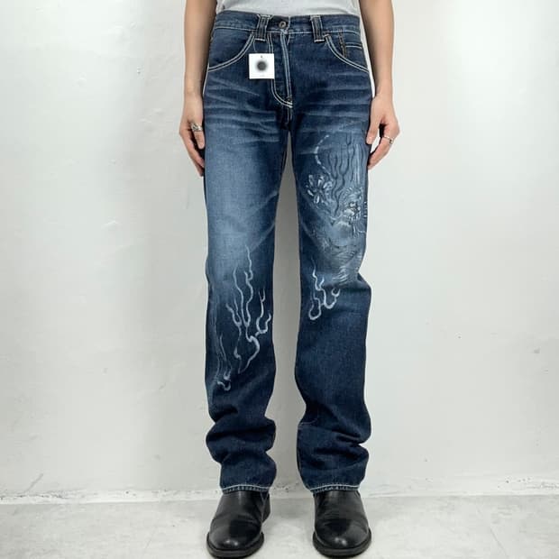 Ichinoi Dragon Print Straight Denim Pant