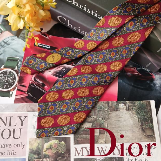 디올 실크 레드 빈티지 오너먼트 넥타이 9.8cm A등급 A19082
