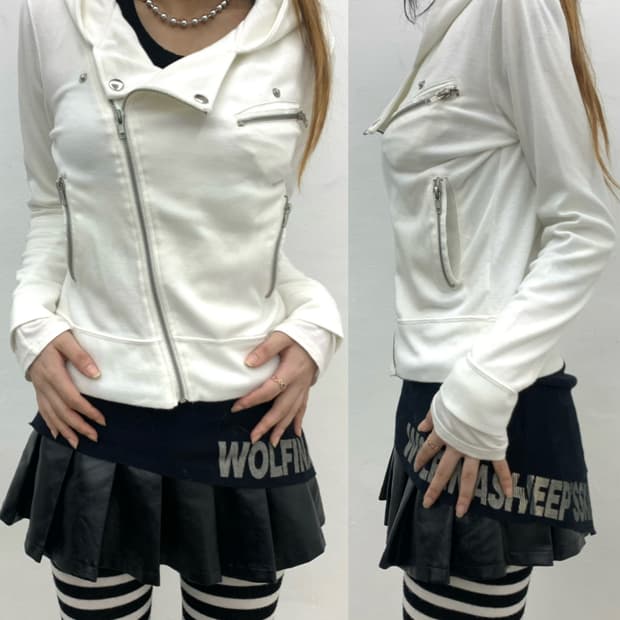 White asymmetrical hood rider jacket