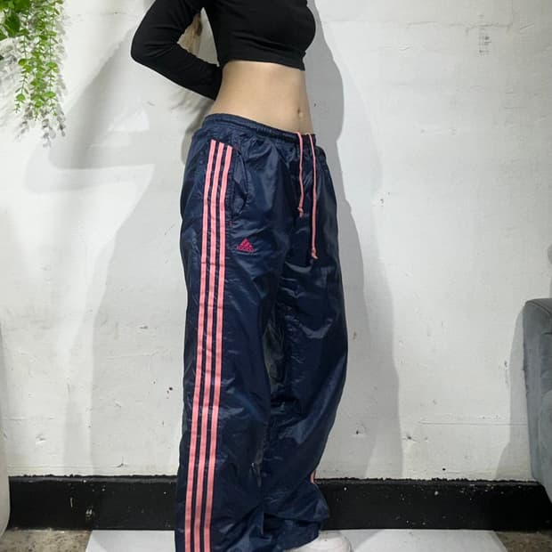 아디다스 네이비 핑크 삼선 스몰 로고 와이드 트랙 팬츠 L