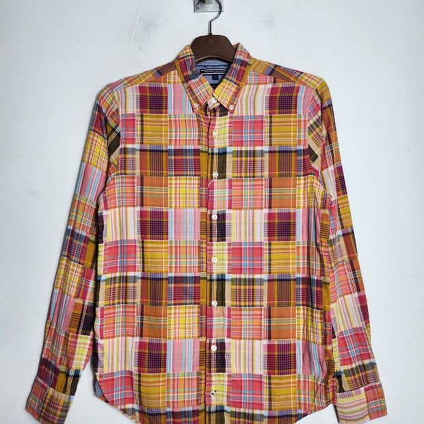 S 타미 힐피거 슬림핏 패치워크 멀티 체크 셔츠