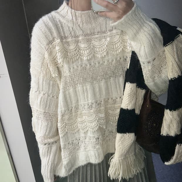 zara ivory lace half neck oversized knit