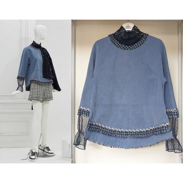 한섬 오즈세컨 망사트위드 디테일 라운드헴 데님 블라우스 오브제