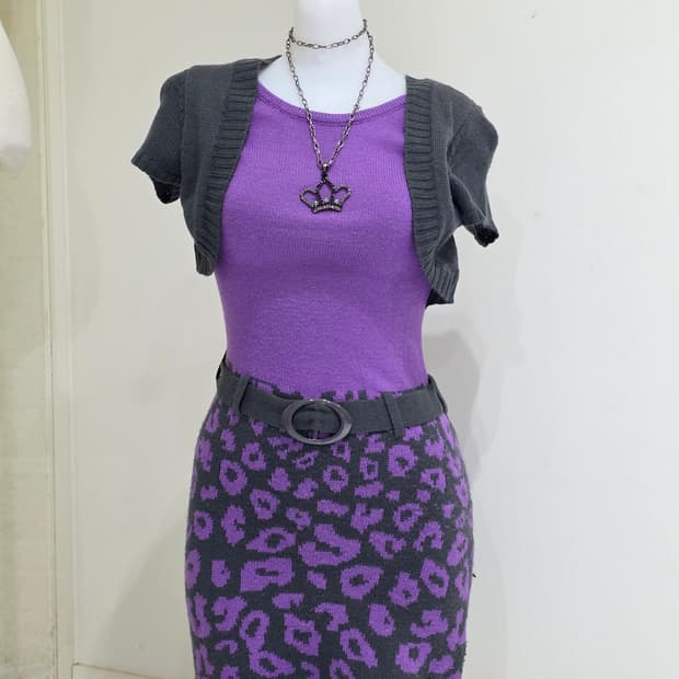 미국빈티지)퍼플 오네갸루st dia깔 호피레오파드니트벨트볼레로원피스y2k