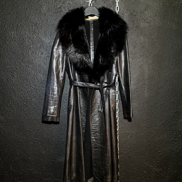 Black fur-trimmed lambskin long coat