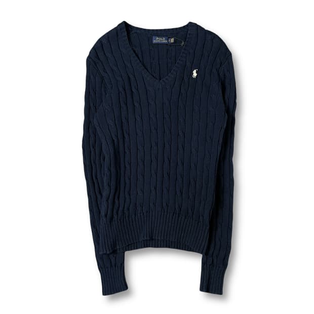 폴로랄프로렌 화이트포니 네이비 브이넥 꽈배기 긴팔 니트 S