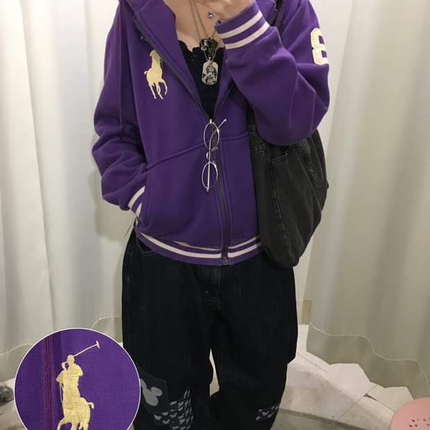 폴로 퍼플 자수 패치 후드집업