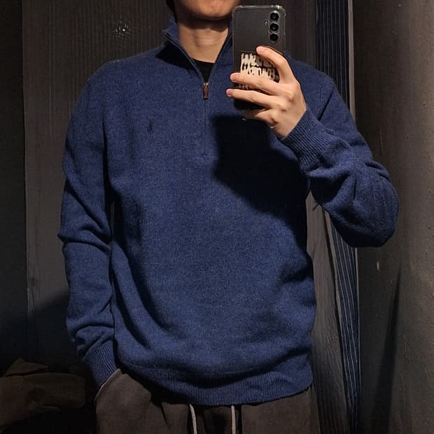 폴로랄프로렌 블루 블루포니 울100 모크넥 반집업 아노락 니트 L