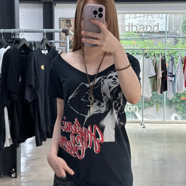 히스테릭글래머 히스걸 글리터스펠아웃 브이넥 원피스 반팔