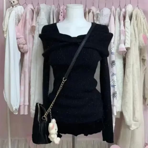 페일솝 슈슈 니트 블랙 리본 오프숄더 글리터