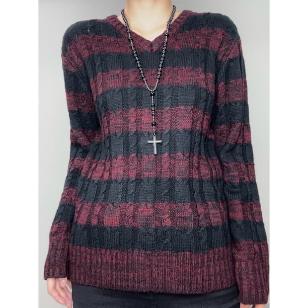 빈티지 락시크 스트라이프 버건디 니트