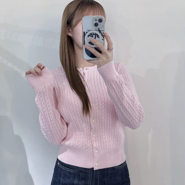 폴로랄프로렌 qr 화이트포니 베이비핑크 케이블 가디건