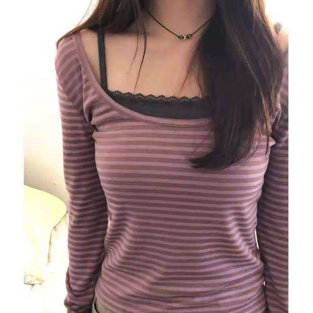 스트라이프 u넥 딸기초코 롱슬리브