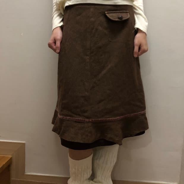 빈티지 브라운 울 포켓 미디 스커트
