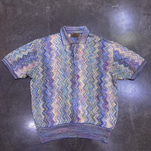 에펠 미쏘니 컬러 에스닉 패턴 니트 카라 반팔티셔츠 L