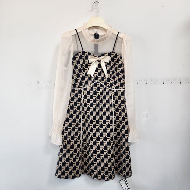 패턴 리본 블라우스 레이어드 원피스