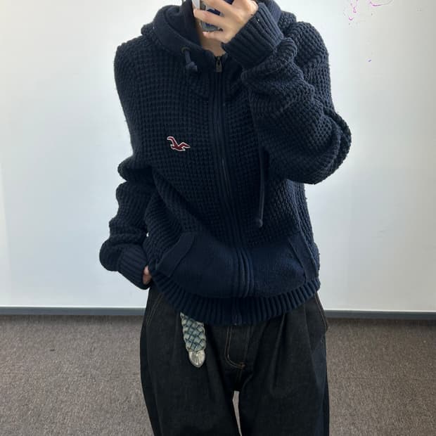 Hollister 홀리스터 와플 니트 네이비 후드집업