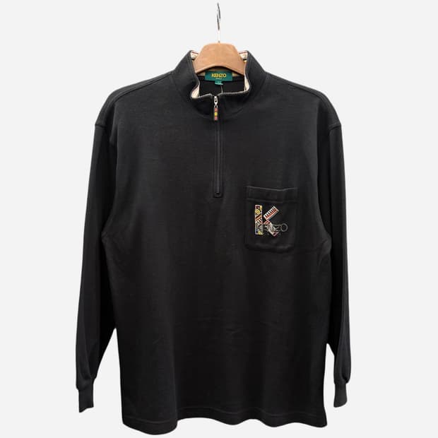 겐조 반집업 니트 포켓 컬러풀 넥카라 자수로고 디테일 블랙