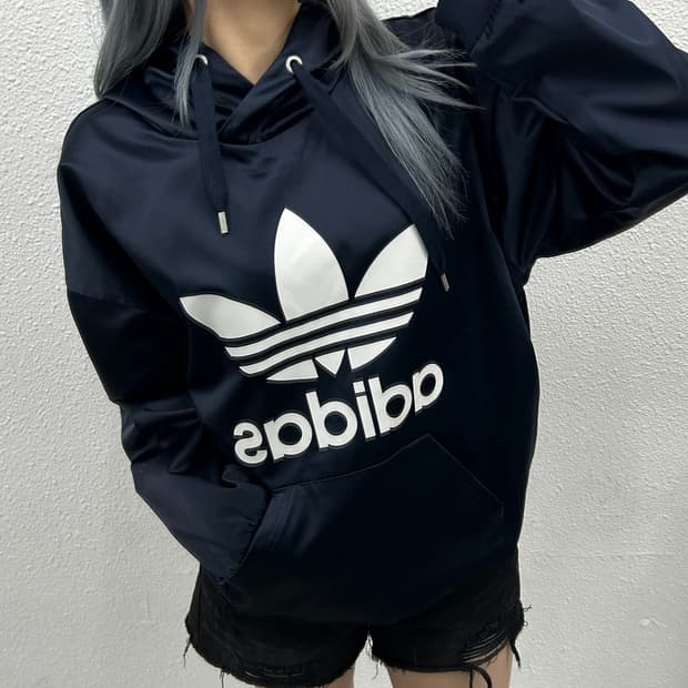 아디다스 새틴 빅로고 네이비 후드 S