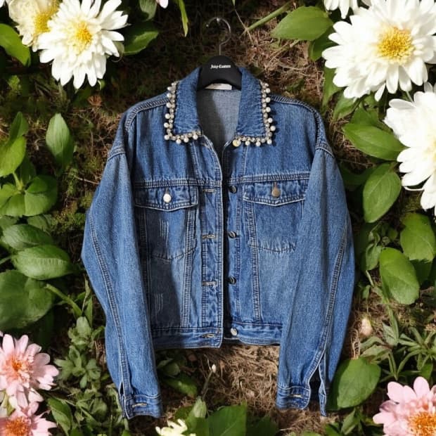 사틴 큐빅 진주 장식 여성 데님자켓 55 55반
