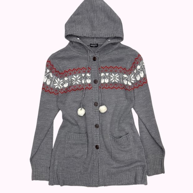 snow knit pompom hood cardigan