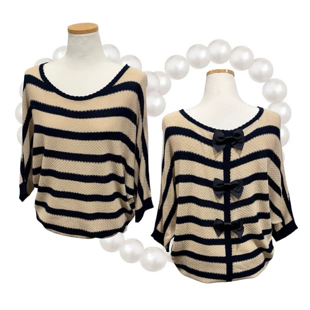 일본 빈티지 리본 포인트 크로셰 가오리핏 니트 탑 갸루