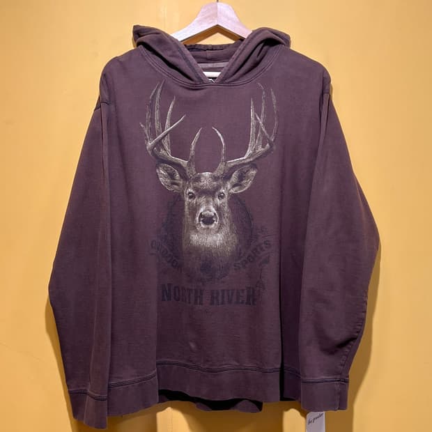 [L] 미국 빈티지 North River 사슴 그래픽 후드 티셔츠